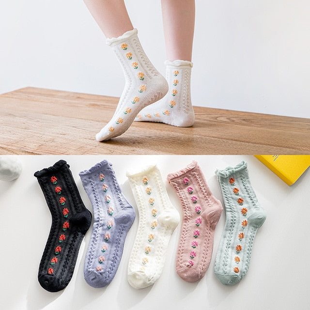 5 Pairs Vintage Flower Embroidery Socks