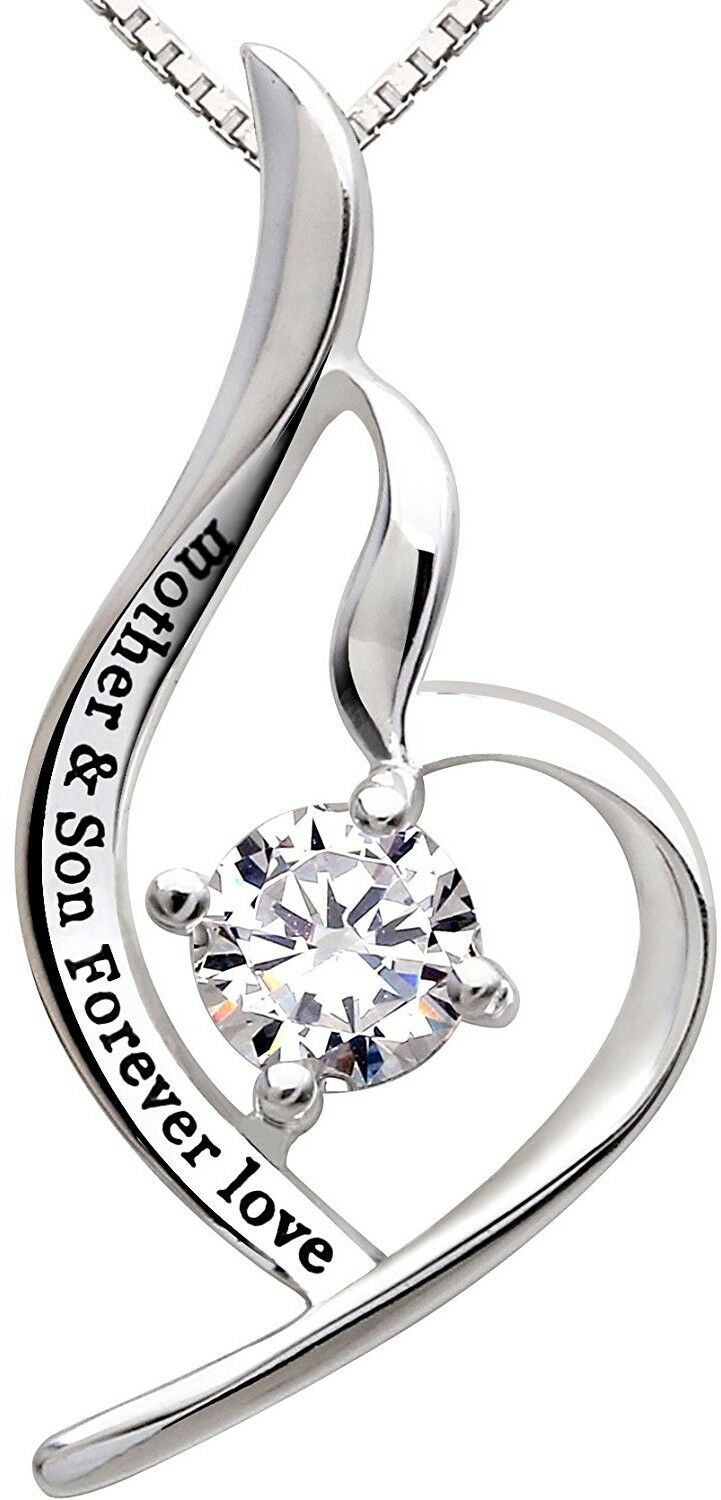 "Mother & Son Forever Love" Heart Necklace Embellished with  Crystals in 18K White Gold Plated