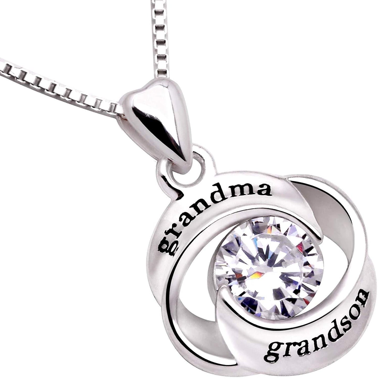 "GRANDMA GRANDSON" Heart Necklace Embellished with  Crystals in 18K White Gold Plated