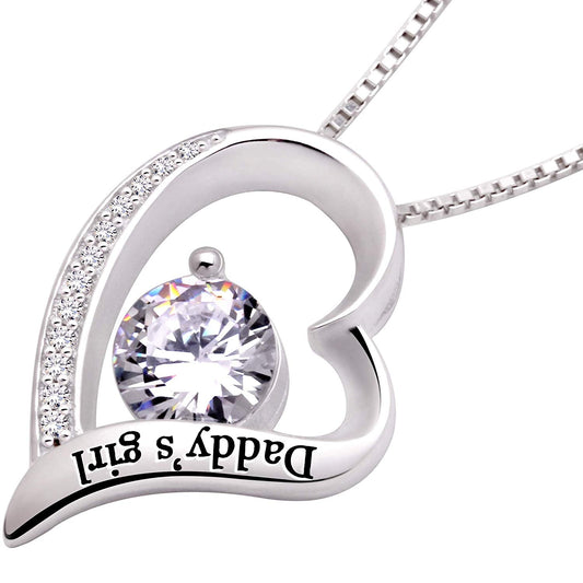 14K White Gold Plating White Crystal Pav'e Daddy's Girl Heart Shaped Necklace