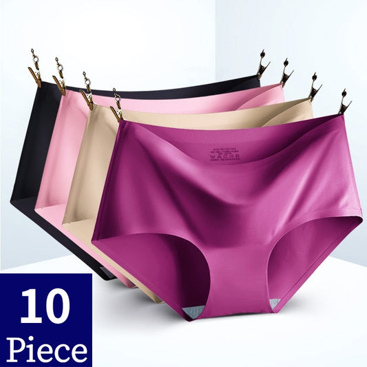 TrowBridge 10PCS/Set Women Panties Solid Seamless Underwear Plus Size Comfortable Briefs Silk Satin Lingerie Health Underpants