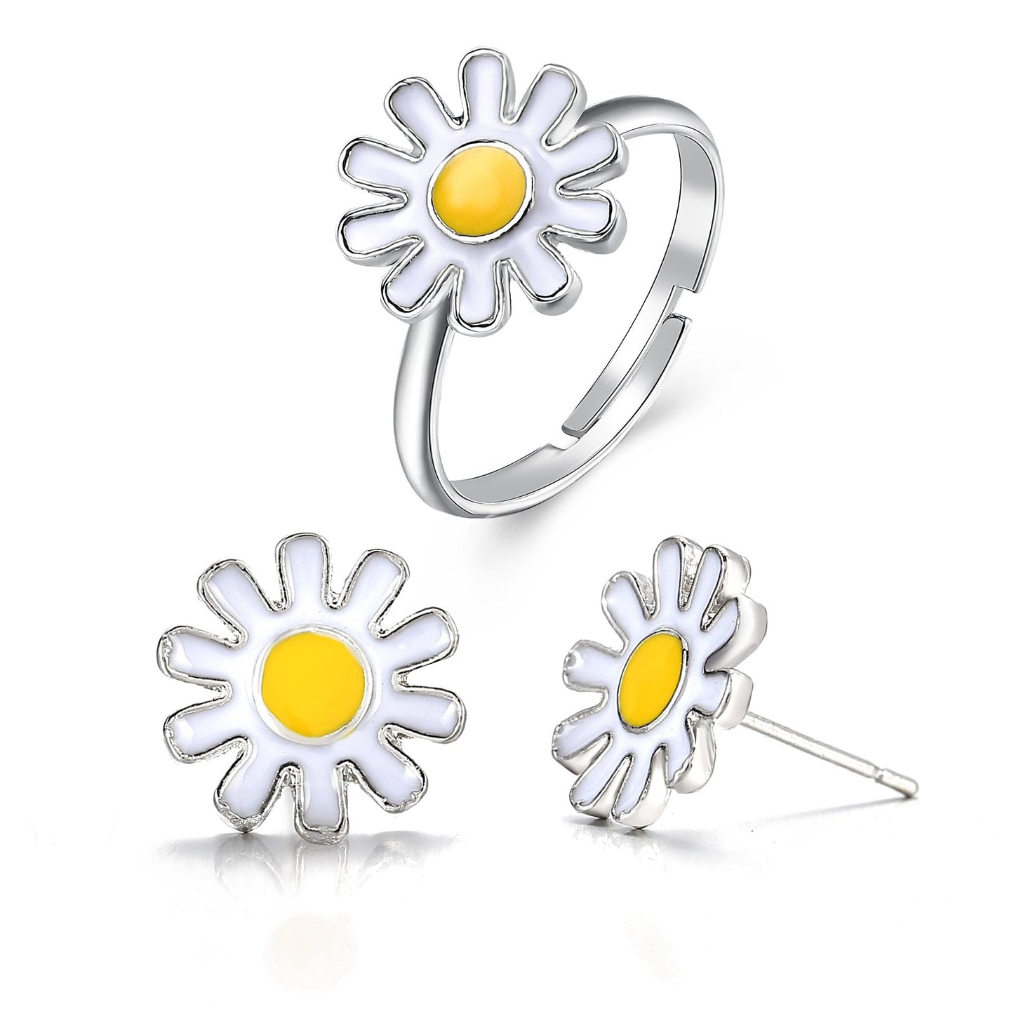 3 Piece Daisy Flower Jewelry Set 18K White Gold Plated Set in 18K White Gold Plated ITALY Design